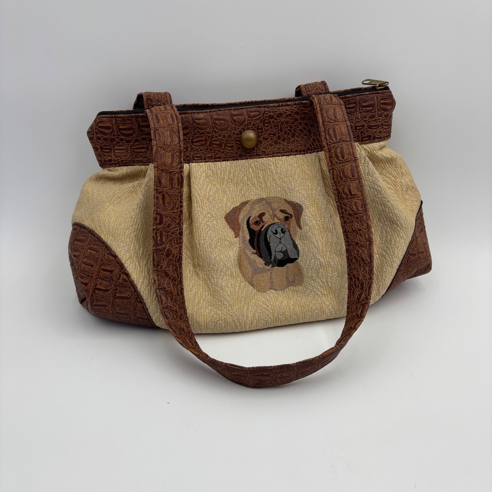 Dixie Bags Shoulder Bag Women Tan Brown Excellent Dog Embroidered Croc Trim